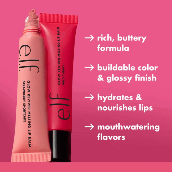 e.l.f. Glow Reviver Melting Lip Balms in Strawberry Shortcake and Wild Cherry, shown with text describing key features: rich buttery formula, buildable color, glossy finish, hydration, and delicious flavors.