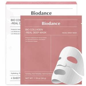 Biodance Bio Collagen Real Deep Mask box and single sheet mask pouch with a 3D cutout of the mask