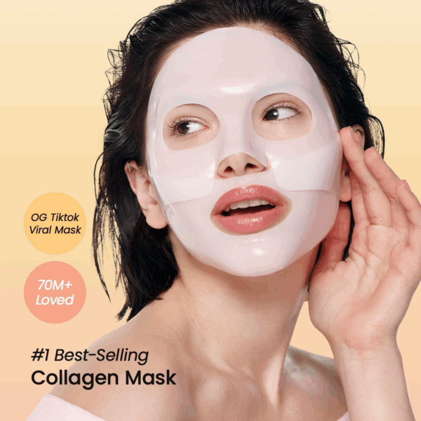 Model wearing Biodance Bio Collagen Real Deep Mask with viral TikTok and 70M+ users badge