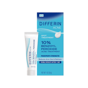 Differin 10% Benzoyl Peroxide Acne Spot Treatment packaging showing tube and box with product label