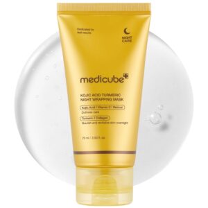Medicube Kojic Acid Turmeric Night Wrapping Mask in gold packaging with hydrating gel background