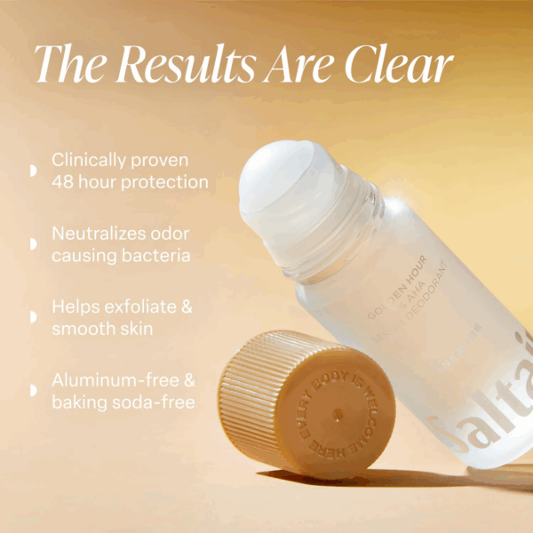 Saltair Golden Hour 5% AHA Serum Deodorant with cap off, tilted on a beige surface, highlighting claims of 48-hour protection, odor control, and smooth skin benefits.