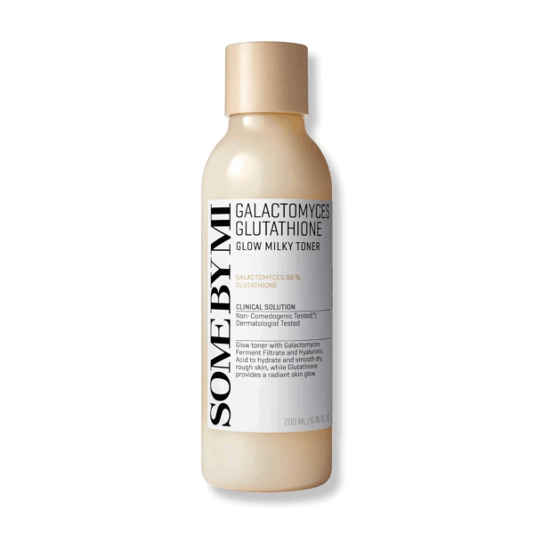 Close-up of Some By Mi Galactomyces Glow Milky Toner bottle with ingredient claims and usage benefits