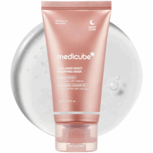 Medicube Collagen Night Wrapping Mask tube standing upright with clear gel texture in the background