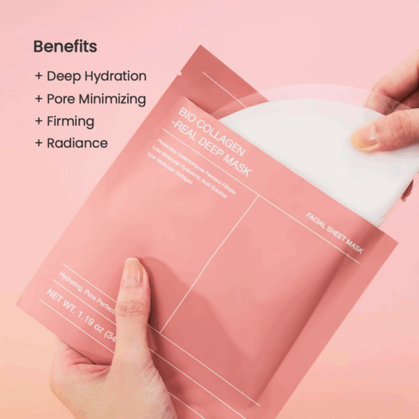 Close-up of hand pulling out hydrogel Biodance collagen mask with benefits: hydration, pore minimizing, firming