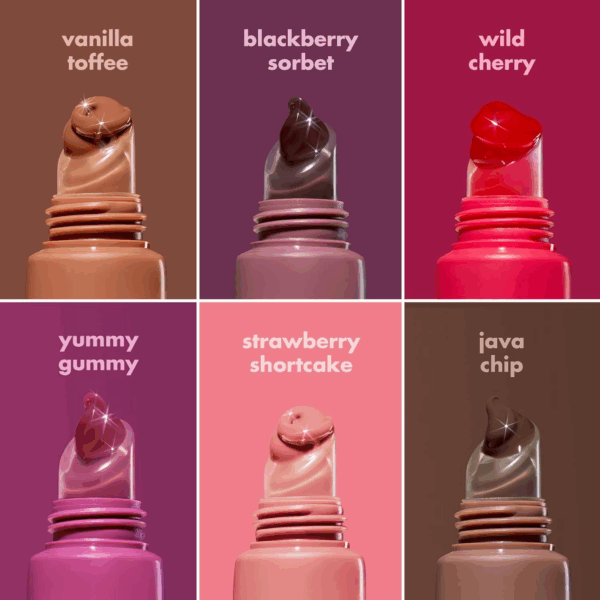Grid layout of e.l.f. Glow Reviver Melting Lip Balm shades with open applicators showcasing texture and pigment of Vanilla Toffee, Blackberry Sorbet, Wild Cherry, Yummy Gummy, Strawberry Shortcake, and Java Chip.