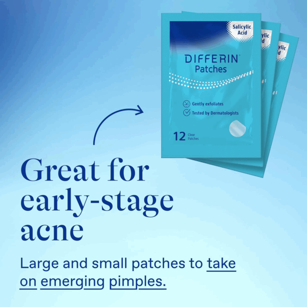 Front packaging of Differin Power Patch showing 12 clear salicylic acid patches great for early-stage acne