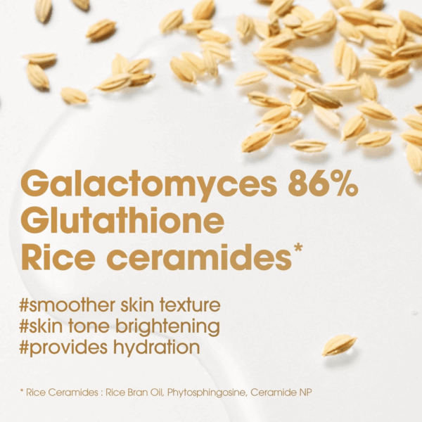 Ingredients highlight visual showing Galactomyces, Glutathione, and Rice Ceramides for hydration and brightening