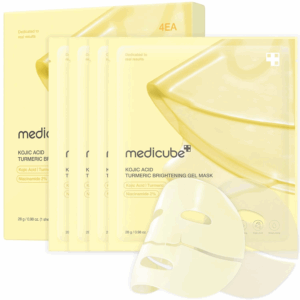 Product flat lay of the 4-piece Medicube Kojic Acid Turmeric Brightening Gel Mask set with hydrogel mask displayed.
