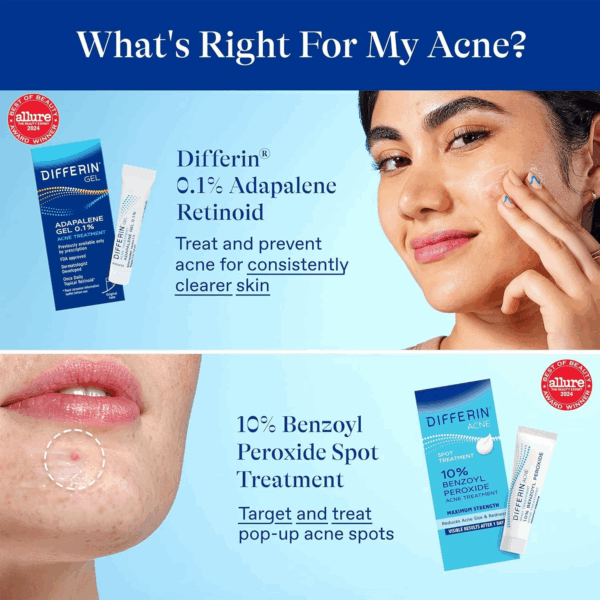 Differin Gel 0.1% Adapalene vs 10% Benzoyl Peroxide Spot Treatment comparison for acne treatment options