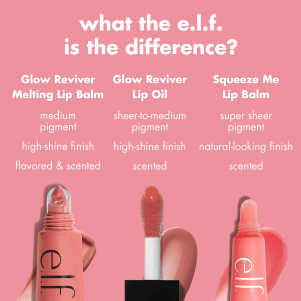 Comparison chart of e.l.f. Glow Reviver Melting Lip Balm, Glow Reviver Lip Oil, and Squeeze Me Lip Balm highlighting differences in pigment level, finish, and scent.