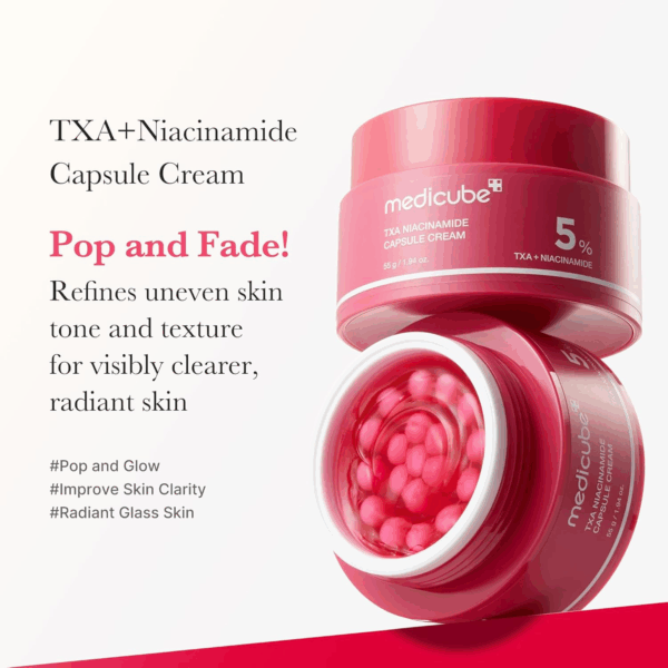 Medicube capsule cream texture swatch and visible pink serum beads for brightening
