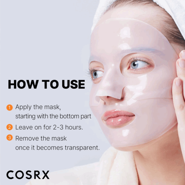 Model applying COSRX Alpha-Arbutin Hydrogel Mask with instructions on how to use for overnight brightening care