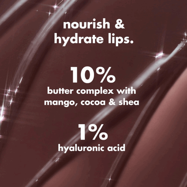 Infographic displaying key ingredients in e.l.f. Glow Reviver Melting Lip Balm, including 10% butter complex with mango, cocoa, shea, and 1% hyaluronic acid for hydration.