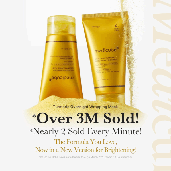 Two Medicube gold overnight mask tubes on turmeric background with 3M units sold text