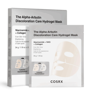 Flat lay of COSRX Alpha-Arbutin Hydrogel Mask packaging and individual sheet for dark spot care