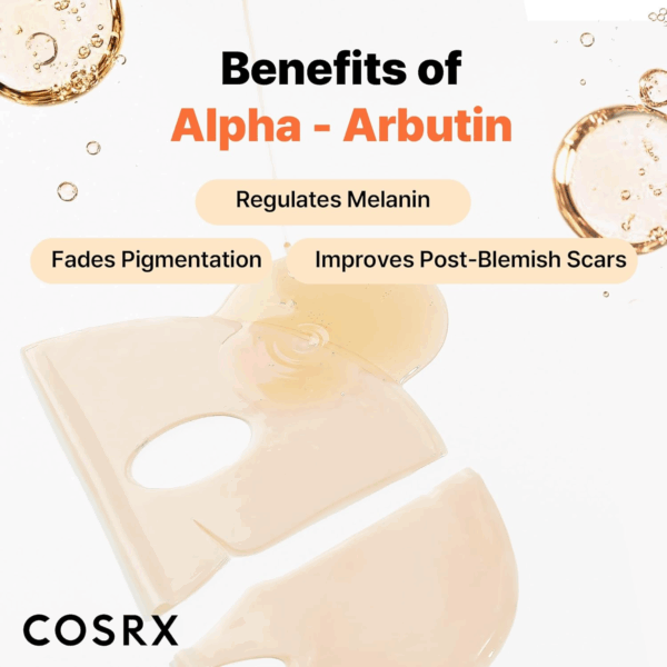 Benefits of Alpha-Arbutin in COSRX mask including melanin regulation, fading pigmentation, and scar improvement