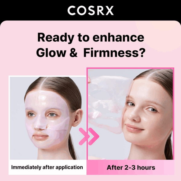 Before and after comparison of glow and firmness after using COSRX Hydrogel Mask for 2–3 hours