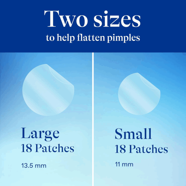 Comparison of large and small Differin patches labeled 13.5mm and 11mm for flexible acne coverage