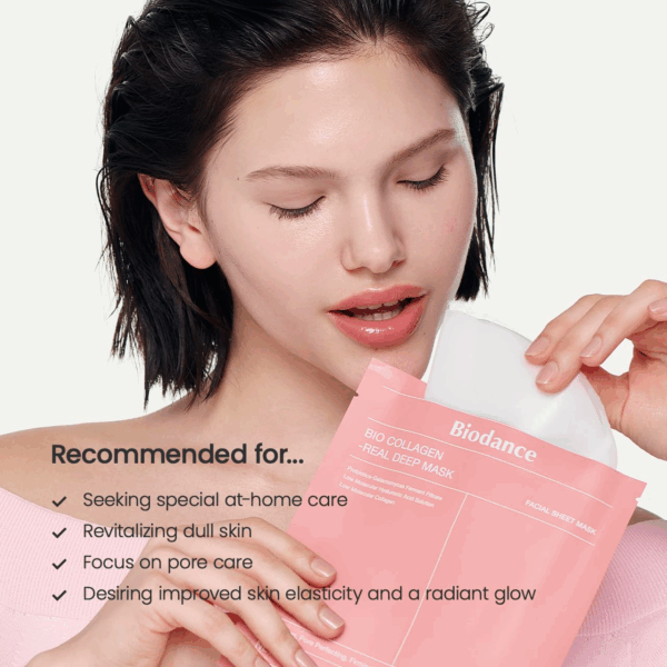 Model holding Biodance Bio Collagen Real Deep Mask with clear skin and product packaging in hand