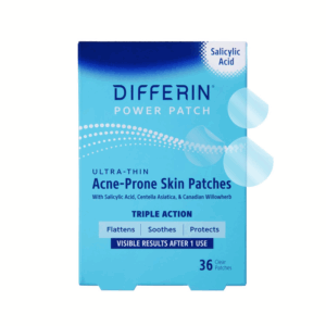 Front pack shot of Differin Power Patch box with triple action: flattens, soothes, and protects acne-prone skin