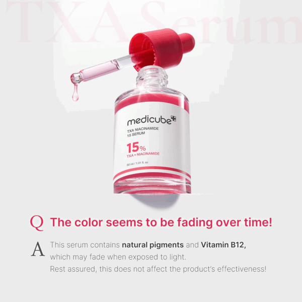 Q&A graphic explaining natural pigment fading in Medicube TXA serum due to exposure to light and presence of Vitamin B12