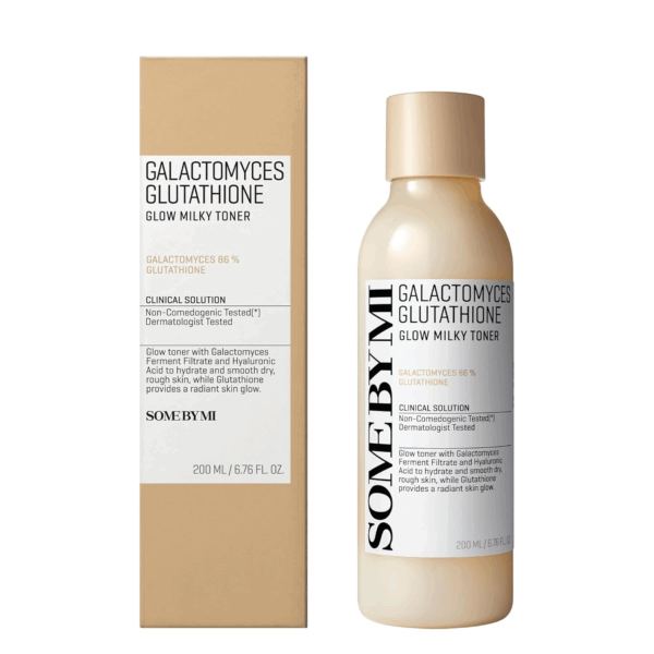 Front and box packaging of Some By Mi Galactomyces Glutathione Glow Milky Toner showing ingredients and clinical claims