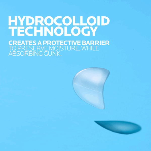 La Roche-Posay acne patch zoomed in to showcase hydrocolloid material and protective barrier technology.