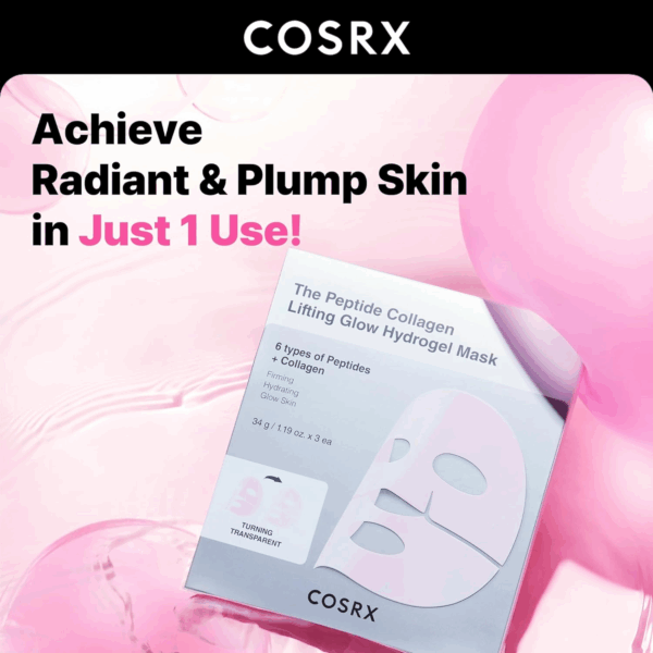 Box of COSRX Peptide Collagen Hydrogel Mask with text “Radiant and Plump Skin in Just 1 Use