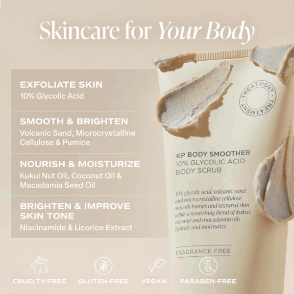 Breakdown of Saltair scrub benefits and ingredients including glycolic acid, oils and brighteners