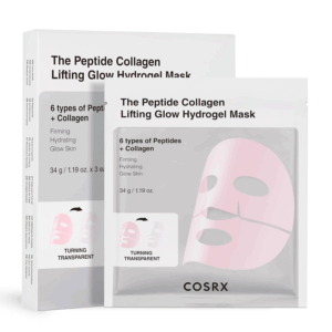 Product packaging of COSRX The Peptide Collagen Lifting Glow Hydrogel Mask with one sachet in front of the box