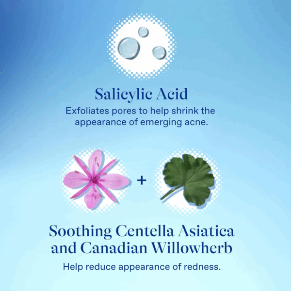 Infographic highlighting salicylic acid, Centella Asiatica, and Canadian Willowherb benefits for acne treatment