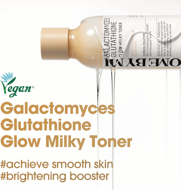 Vegan label and product texture visual of Some By Mi Glow Milky Toner pouring out of the bottle