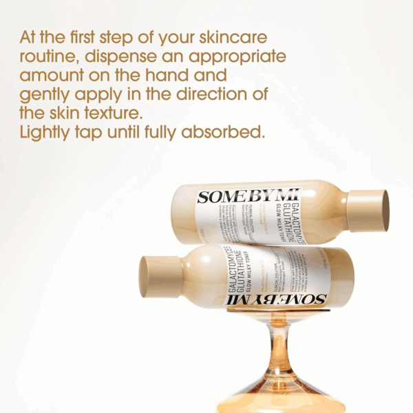 How-to-use instruction image for Some By Mi Galactomyces Glow Milky Toner with two bottles balanced on a glass