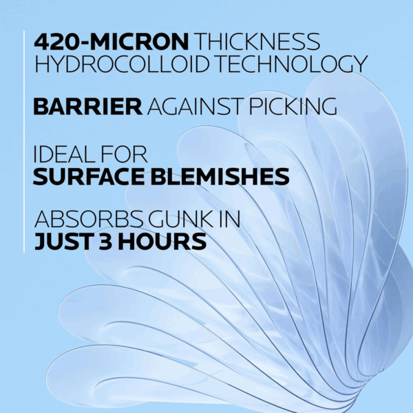 La Roche-Posay acne patches visualized fanned out to emphasize 420-micron hydrocolloid thickness.