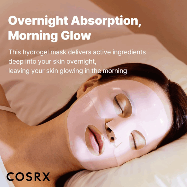 Woman sleeping with COSRX Peptide Collagen Hydrogel Mask to show overnight absorption and morning glow