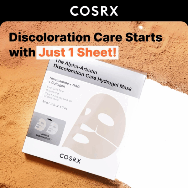 COSRX Alpha-Arbutin Discoloration Care Mask packaging with claim of visible results in just one sheet