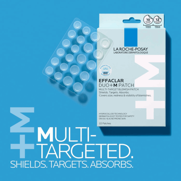 La Roche-Posay Effaclar Duo+M Patch box with clear pimple patches against a blue background promoting multi-targeted action.
