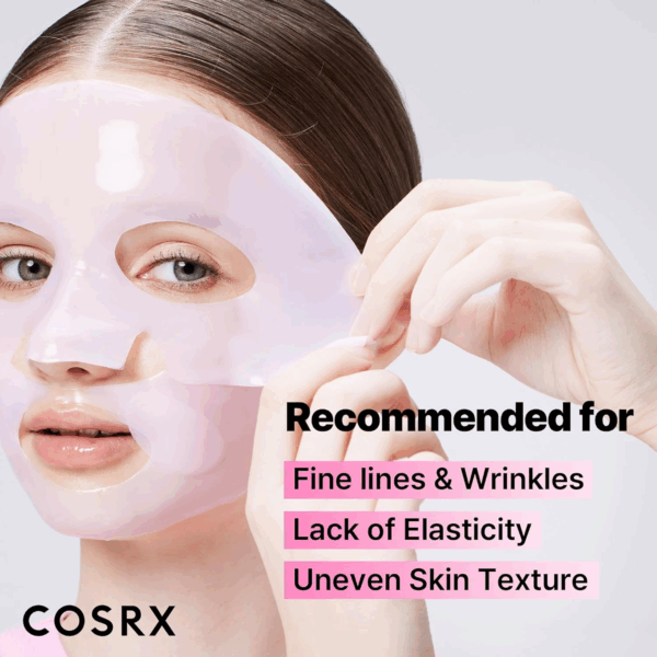 Close-up of woman applying COSRX hydrogel sheet mask for fine lines and uneven skin texture
