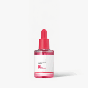 Minimalist product shot of Medicube TXA Niacinamide 15 Serum in a glass bottle with red dropper on white backdrop