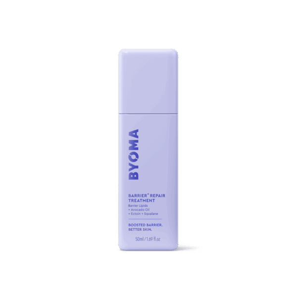 BYOMA Barrier Repair Treatment bottle upright in soft purple with blue logo on a dark background