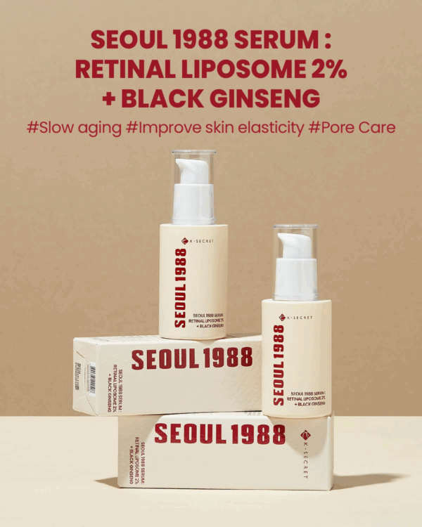 Three Seoul 1988 Serum bottles arranged with cartons and bold headline that reads retinal liposome 2 percent plus black ginseng.