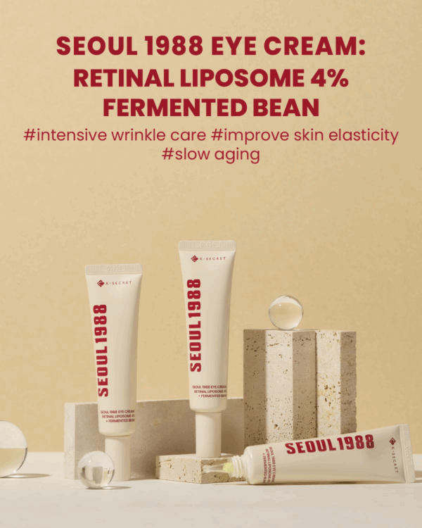 Three Seoul 1988 Eye Cream tubes styled on stone blocks with headline retinal liposome 4 percent plus fermented bean