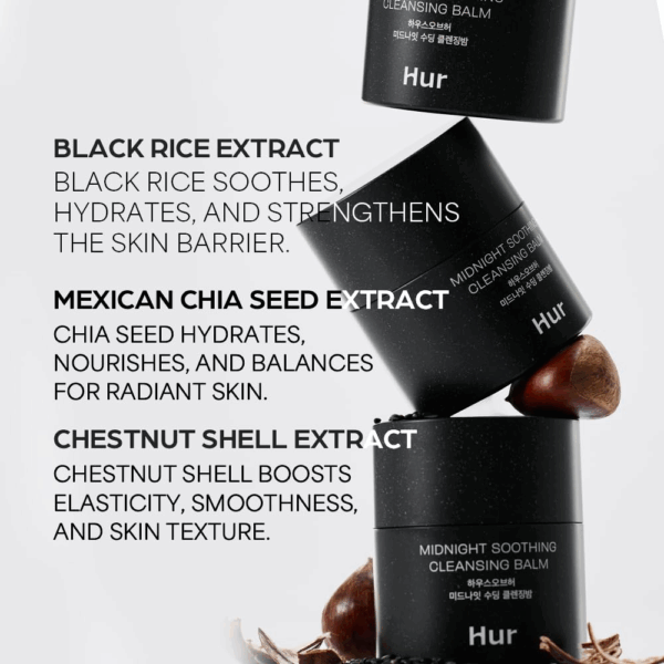 Stacked black jars with text listing black rice extract Mexican chia seed extract and chestnut shell extract with short benefits