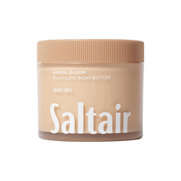 Saltair Santal Bloom Multi-Lipid Body Butter jar with neutral beige background, product label clearly visible.