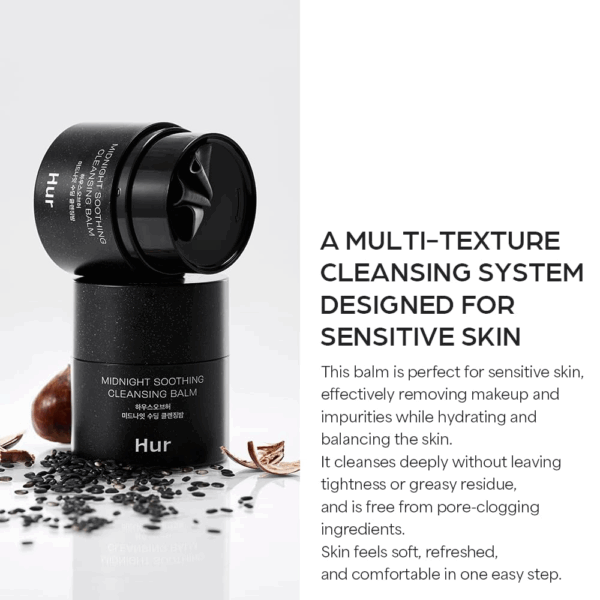 Open jar on a clean background with copy that describes a multi texture cleansing system designed for sensitive skin