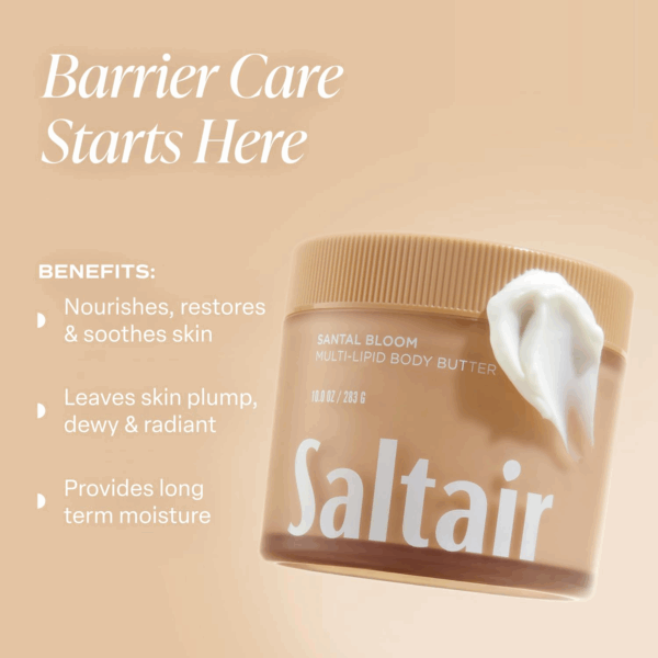 Saltair body butter tub with creamy texture on the lid, text overlay listing skin barrier and hydration benefits.