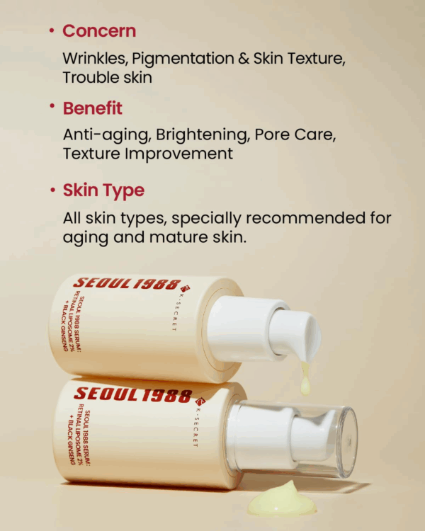 Beige background with two Seoul 1988 Serum bottles and text listing concerns benefits and suitable skin types.