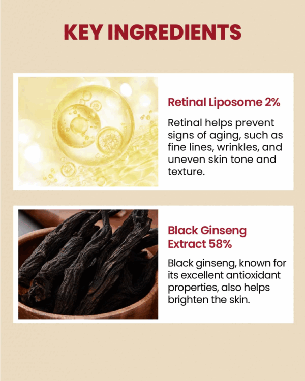 Card showing retinal liposome 2 percent and black ginseng extract 58 percent with notes on anti aging brightening and texture improvement.