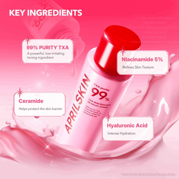 Pink Aprilskin bottle with callouts to TXA 99 percent purity niacinamide 5 percent ceramide and hyaluronic acid
